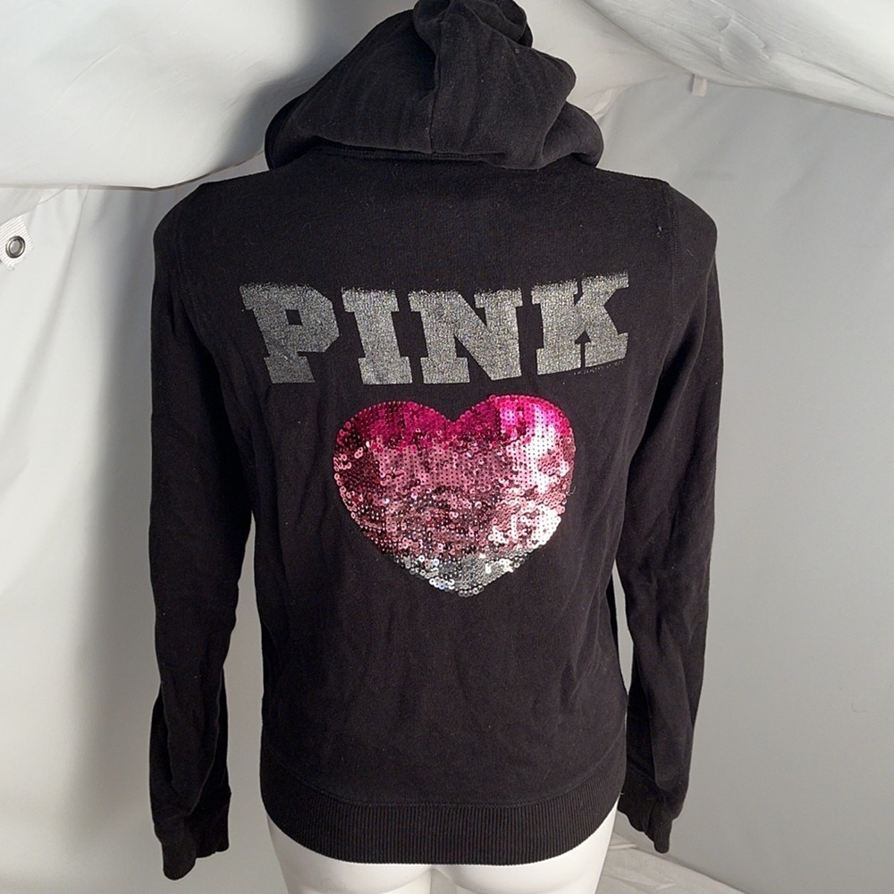 Victoria’s Secret PINK black multicolor sequin heart logo hoodie